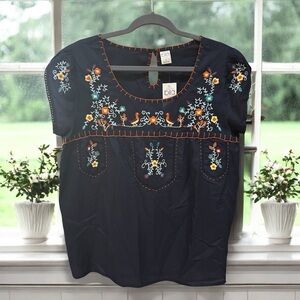 NWT BILA Embroidered Peasant Cotton Top Prairie Boho Navy Blue Birds‎ Floral L